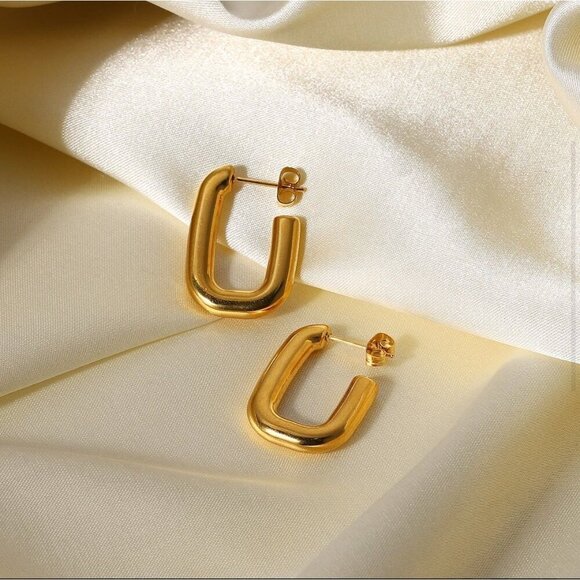 18K Gold Geometric Hoop Earrings, Stud Earrings, Women Earrings - Picture 4 of 6